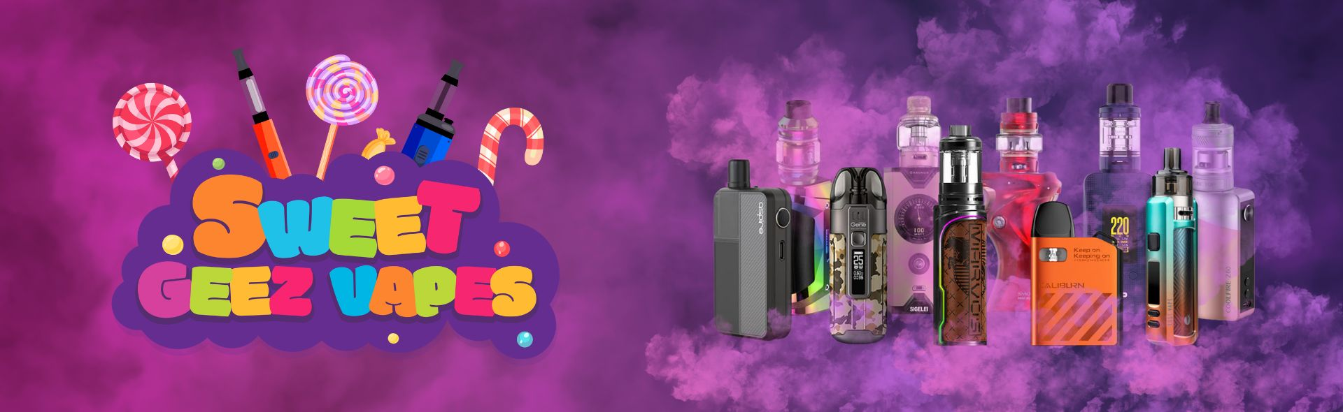 Sweet Geez Vapes logo with a selection of vape devices sold here